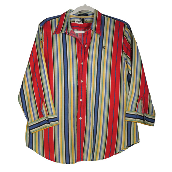 Chaps Blouse Womens Medium Blue Yellow Red Stripe Linen Cotton Blend Button Top - Picture 1 of 9